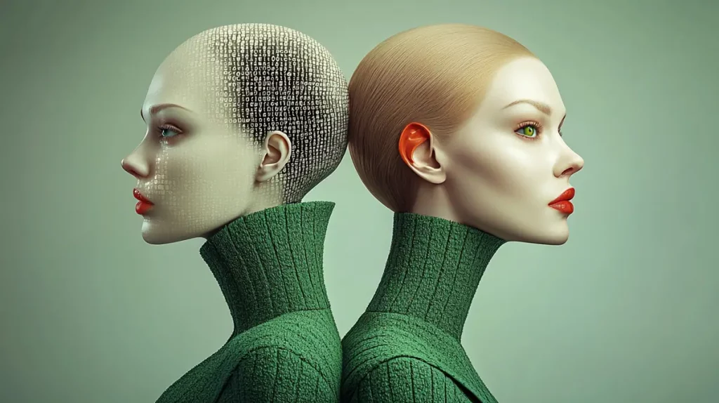 Illustration symbolique de la fusion entre l’humain et l’intelligence artificielle dans le marketing conscient, image artistique représentant deux visages féminins opposés, code binaire et esthétique organique – X-Marques