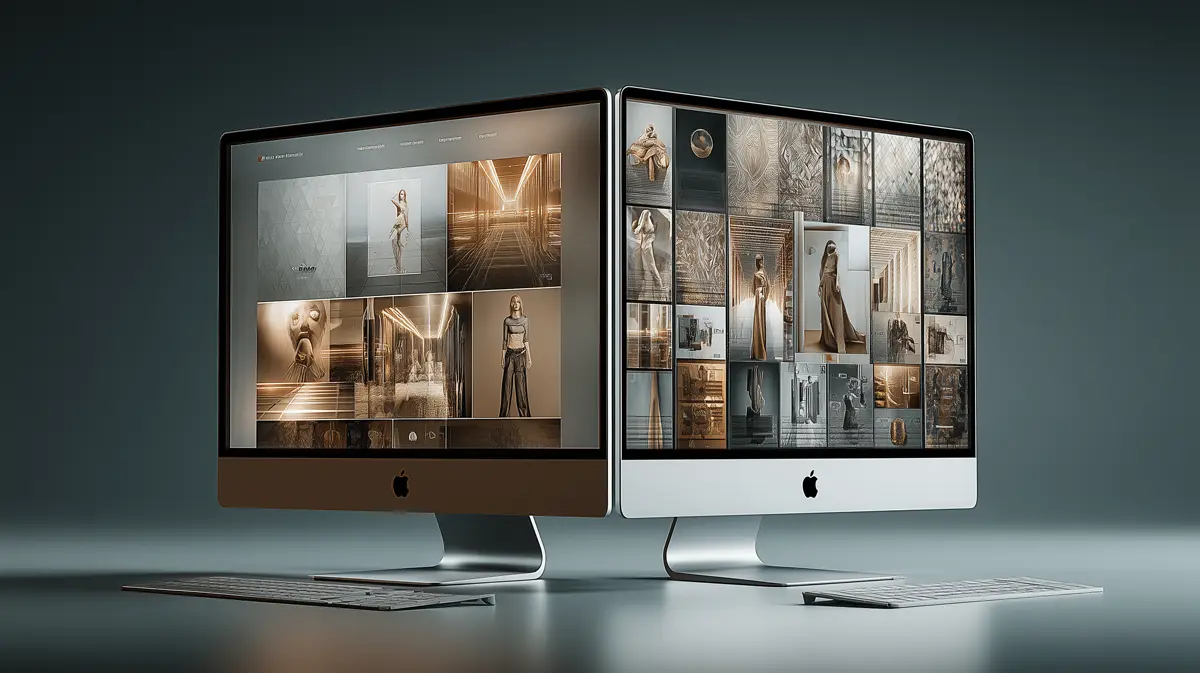 Deux ordinateurs portables côte à côte sur un bureau beige, illustrant la différence entre un site vide et une création digitale élégante signée X-Marques. Deux ordinateurs portables côte à côte sur un bureau beige, illustrant la différence entre un site vide et une création digitale élégante signée X-Marques.