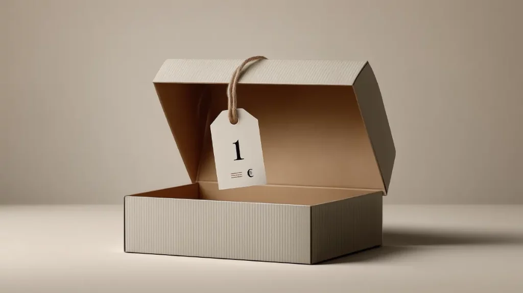 Offre d’appel site web à 1 € – L’illusion du site pas cher Boîte cadeau beige ouverte avec une étiquette à 1 euro, symbole d’une offre d’appel vide pour un site internet low cost.