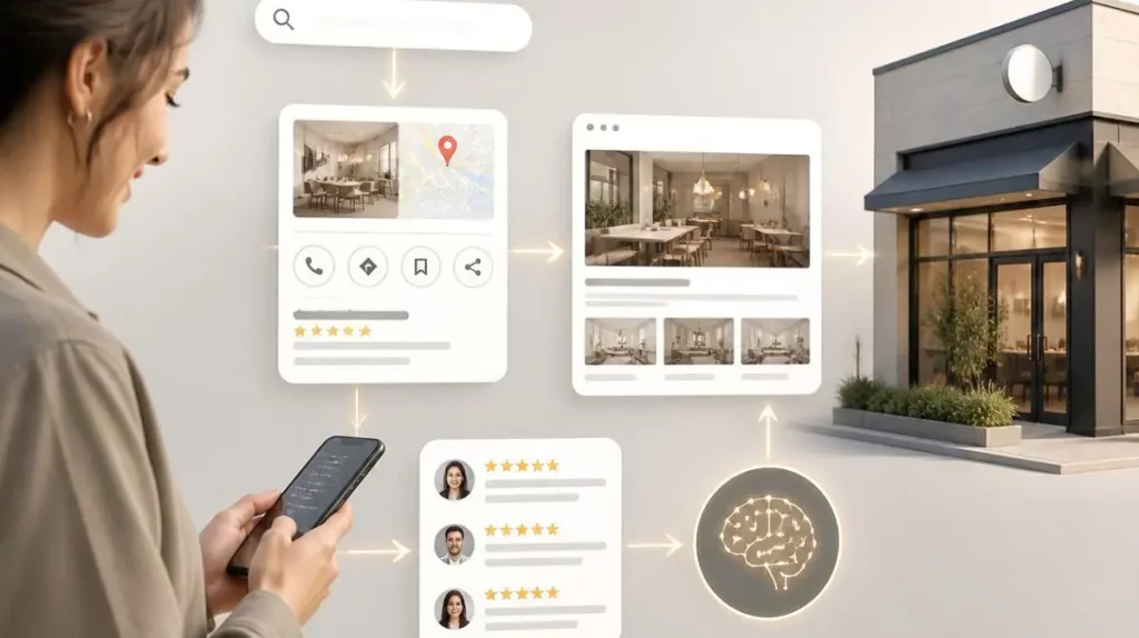 Illustration représentant la complémentarité entre le SEO, Google Business Profile, un site internet et les moteurs d'intelligence artificielle pour améliorer la visibilité d'une entreprise.